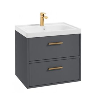 Finland 600mm 2 Drawer Wall Hung Vanity Unit Matt Midnight Grey Brushed Gold Handle